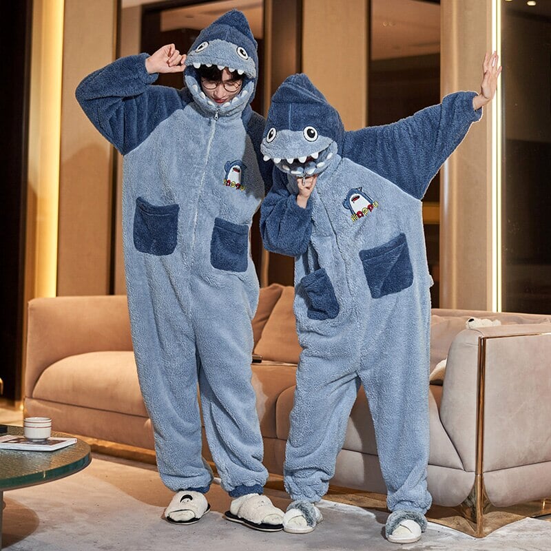 Soft Blue Shark Fluffy Pyjama 1-Piece Set