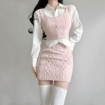 Spring Pink Elegant Knitted Tank and Skirt Three-piece Set