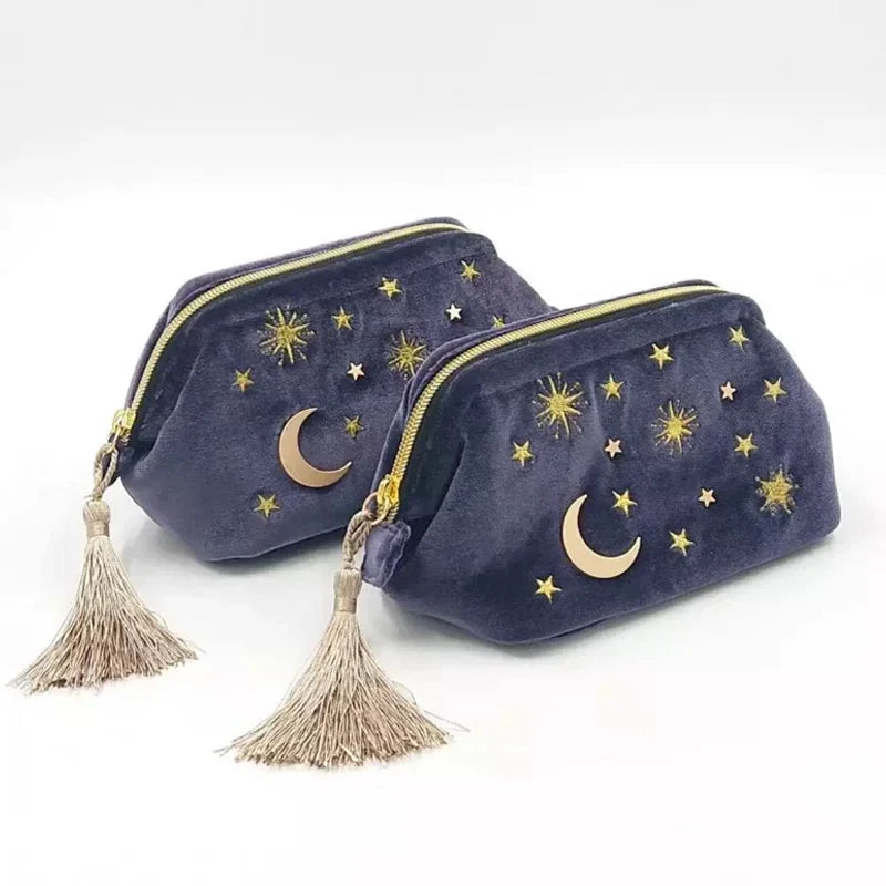 Starry Night Velvet Embroidery Cosmetic Travel Makeup Bag