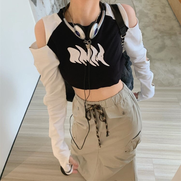 Stylish Hole Long Sleeves Flames Top - Image 2