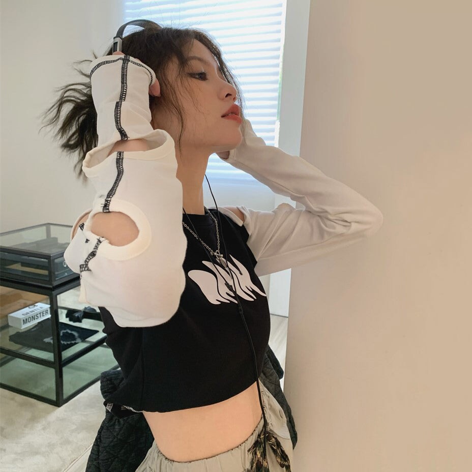 Stylish Hole Long Sleeves Flames Top