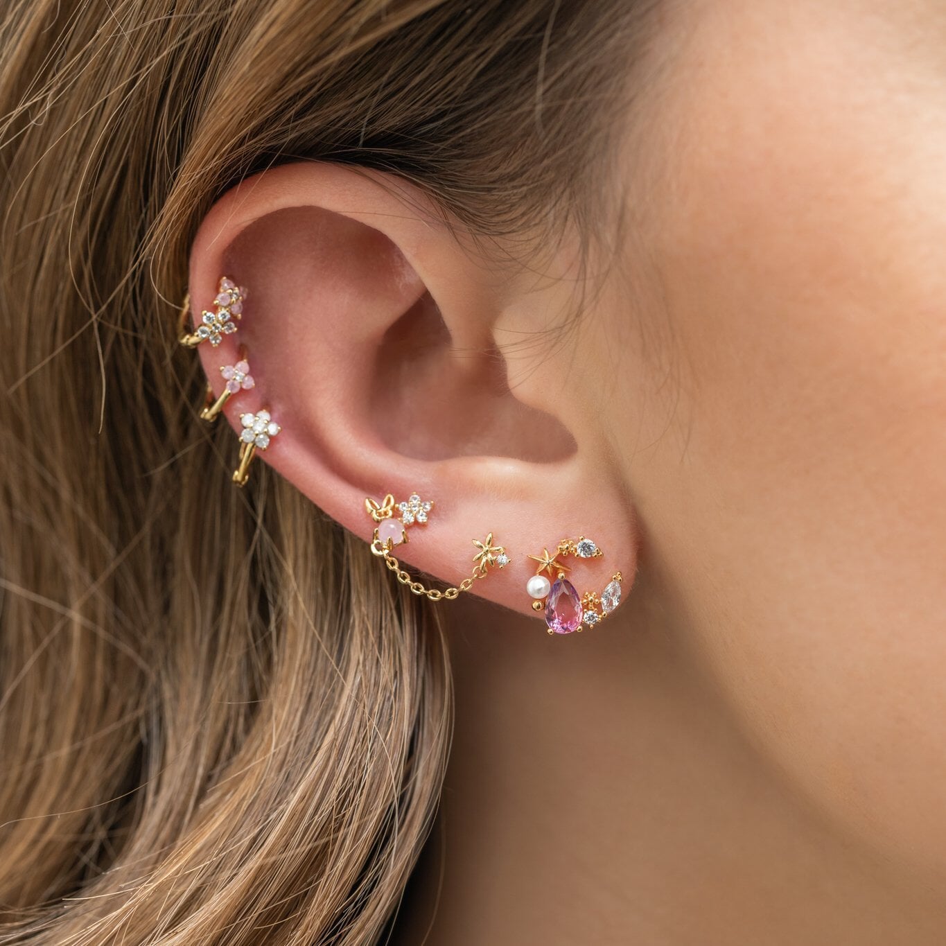 Teardrop Stars Moon Gold-Plated Stud Earrings