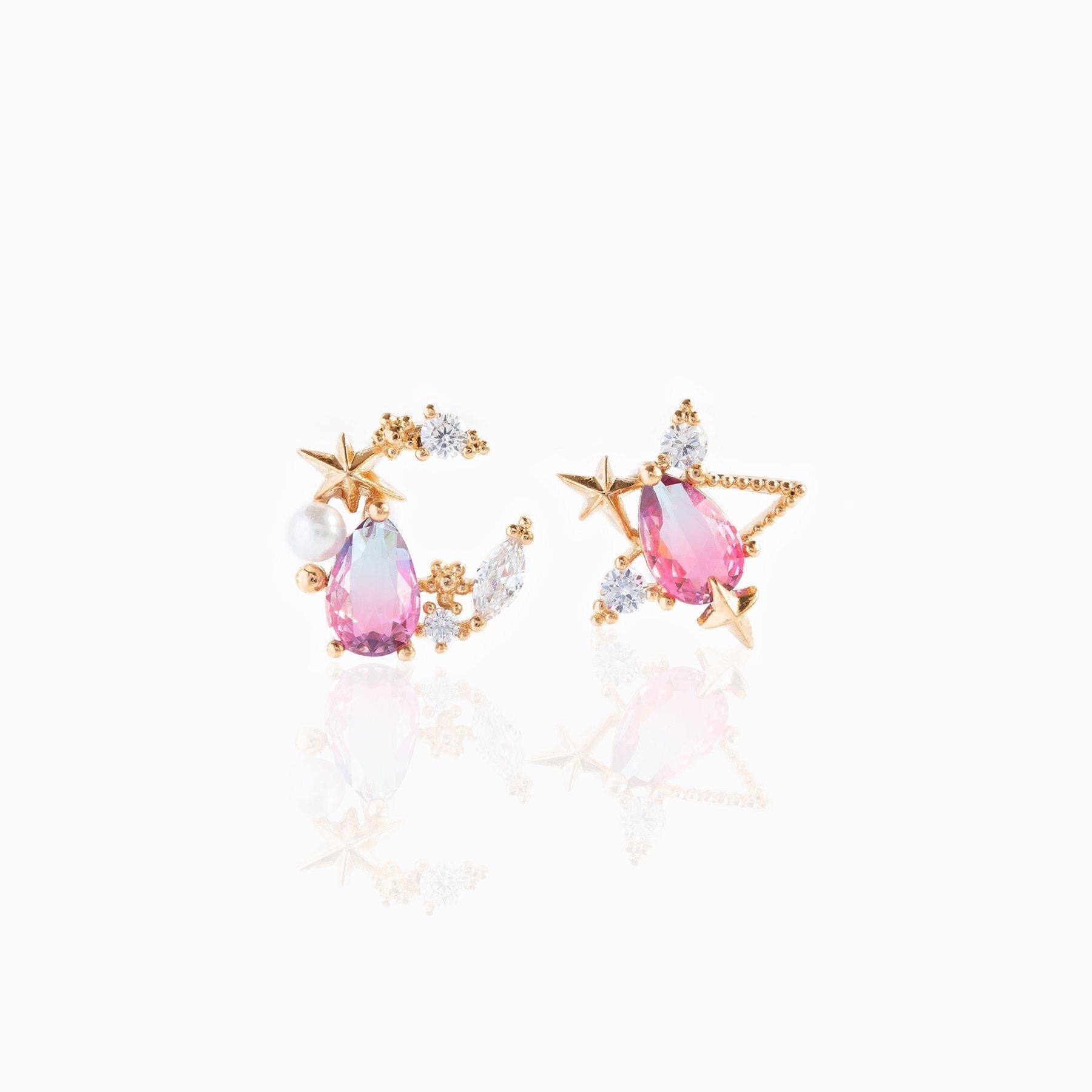 Teardrop Stars Moon Gold-Plated Stud Earrings - Image 2