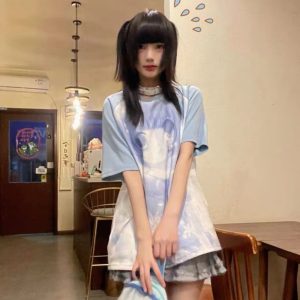 White Anime Washed Blue Girl Two-tone Women's Tee
