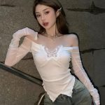 White Black Butterfly Off Shoulder Long Sleeve Women's Top