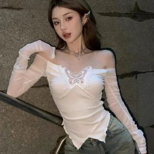 White Black Butterfly Off Shoulder Long Sleeve Women's Top