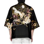 White Crane Sakura Black Unisex Kimono