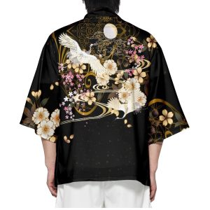 White Crane Sakura Black Unisex Kimono