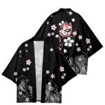 White Fox Mask Sakura Unisex Black Kimono