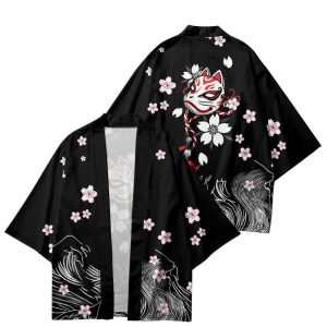 White Fox Mask Sakura Unisex Black Kimono