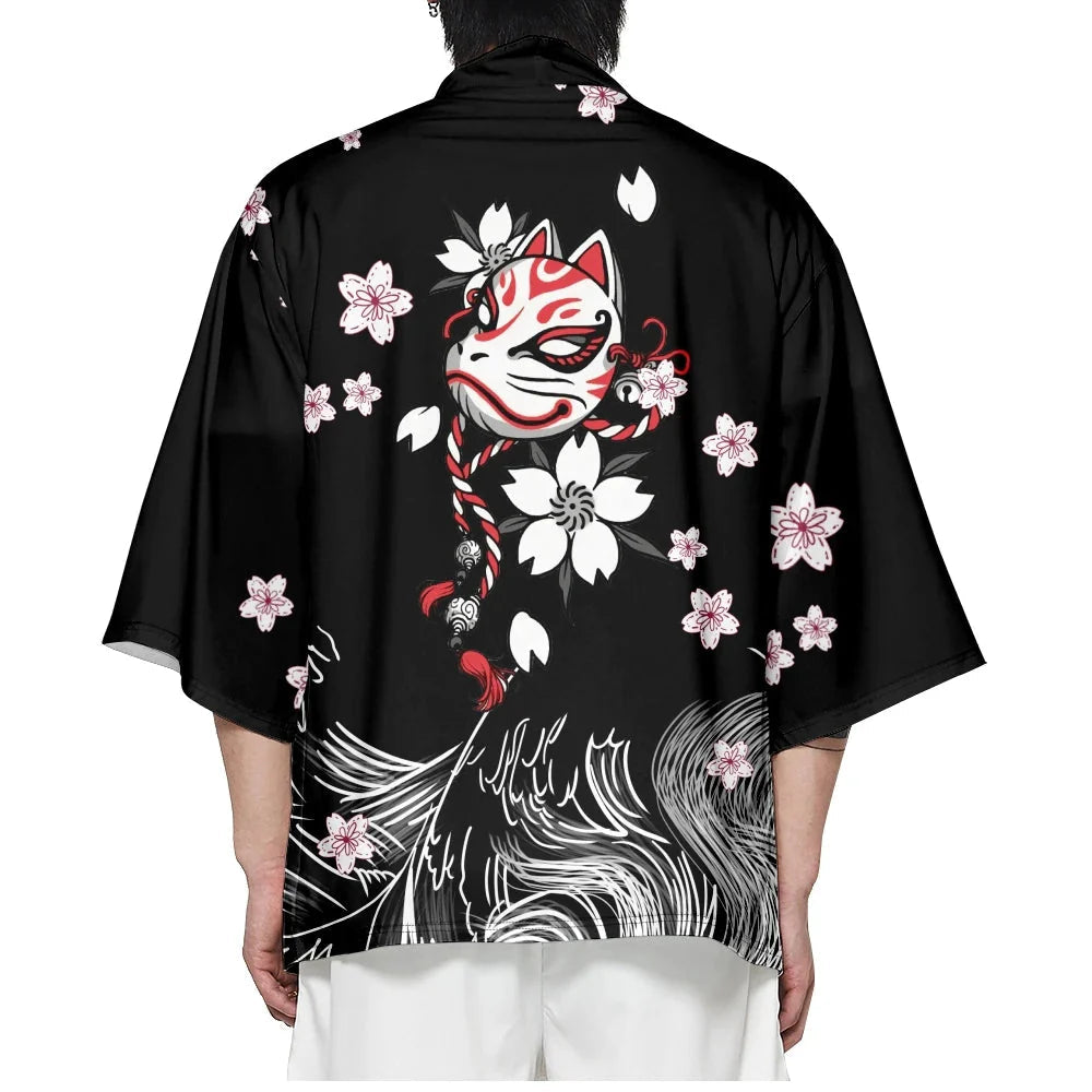 White Fox Mask Sakura Unisex Black Kimono - Image 2