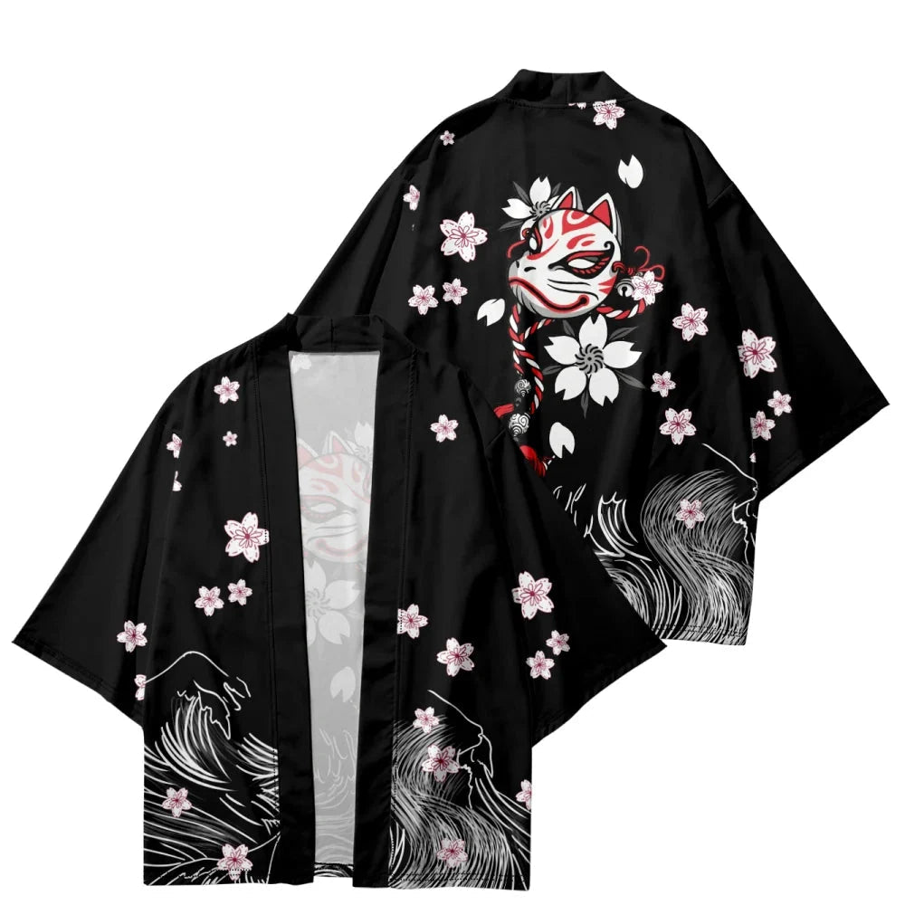 White Fox Mask Sakura Unisex Black Kimono