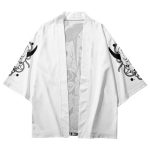 White Japanese-themed Skeleton Samurai Print Unisex Kimono