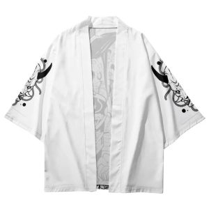 White Japanese-themed Skeleton Samurai Print Unisex Kimono