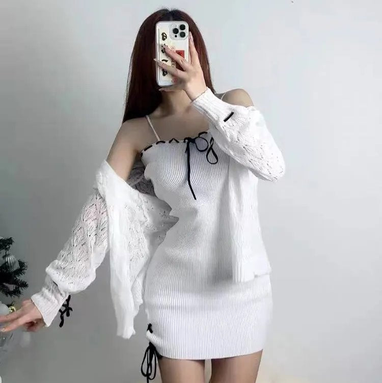 White Knitted Two Piece Set Women's Cardigan Dress - Image 2