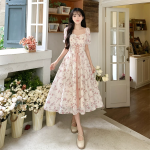 White Pink Cottage Lace Milkmaid Dress