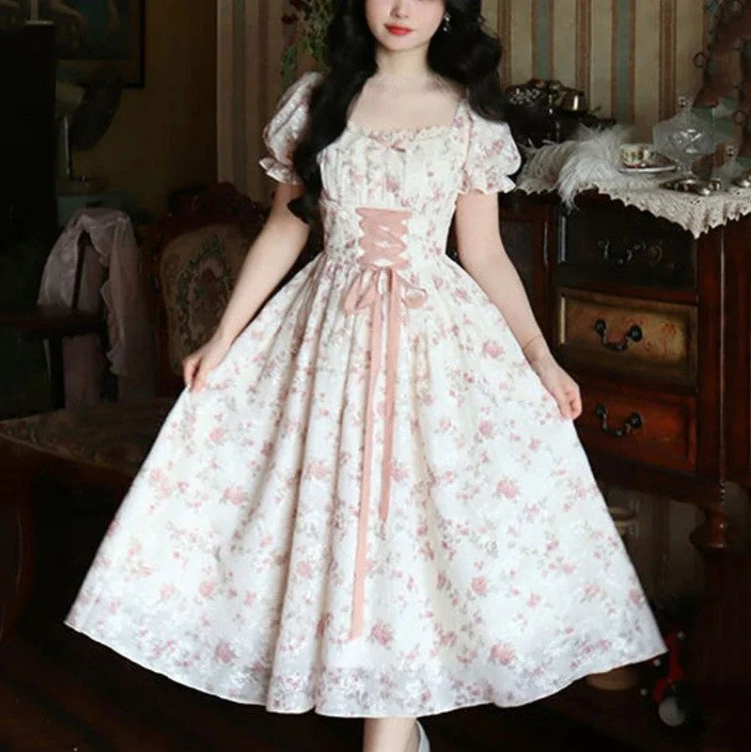 White Pink Cottage Lace Milkmaid Dress - Image 2