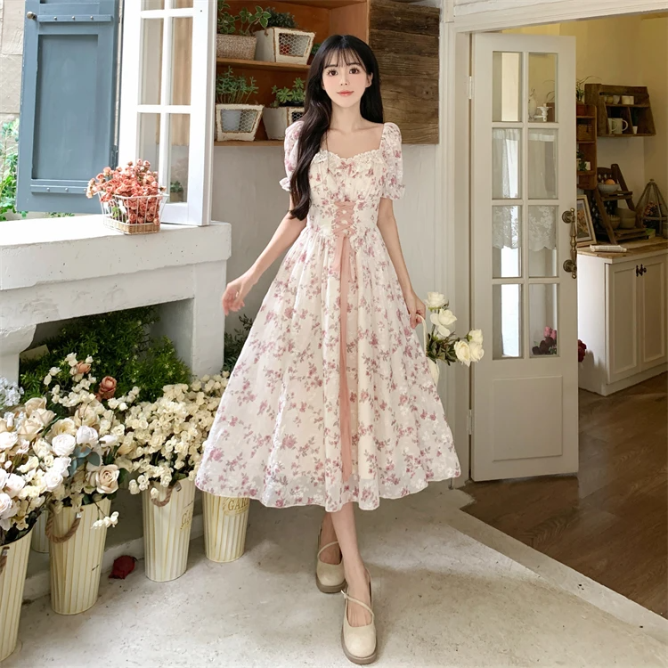 White Pink Cottage Lace Milkmaid Dress