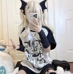 Y2K Harajuku Anime Punk Girl Black Blue Women's Top Tee