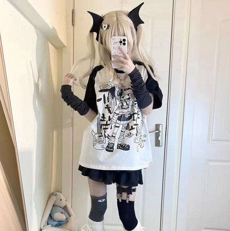 Y2K Harajuku Anime Punk Girl Black Blue Women's Top Tee - Image 2