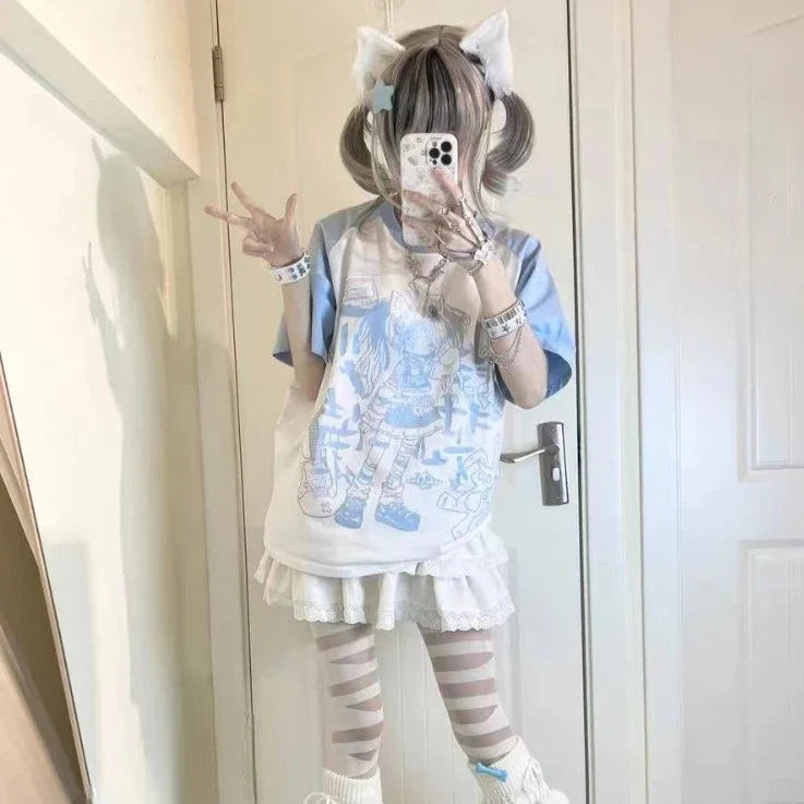Y2K Harajuku Anime Punk Girl Black Blue Women's Top Tee - Image 3