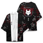 Anime White Fox Mask Black Red Unisex Kimono