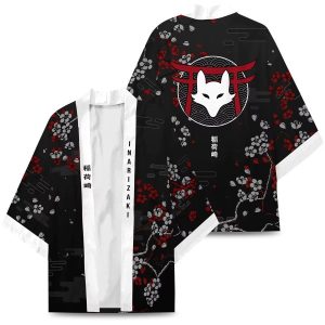 Anime White Fox Mask Black Red Unisex Kimono