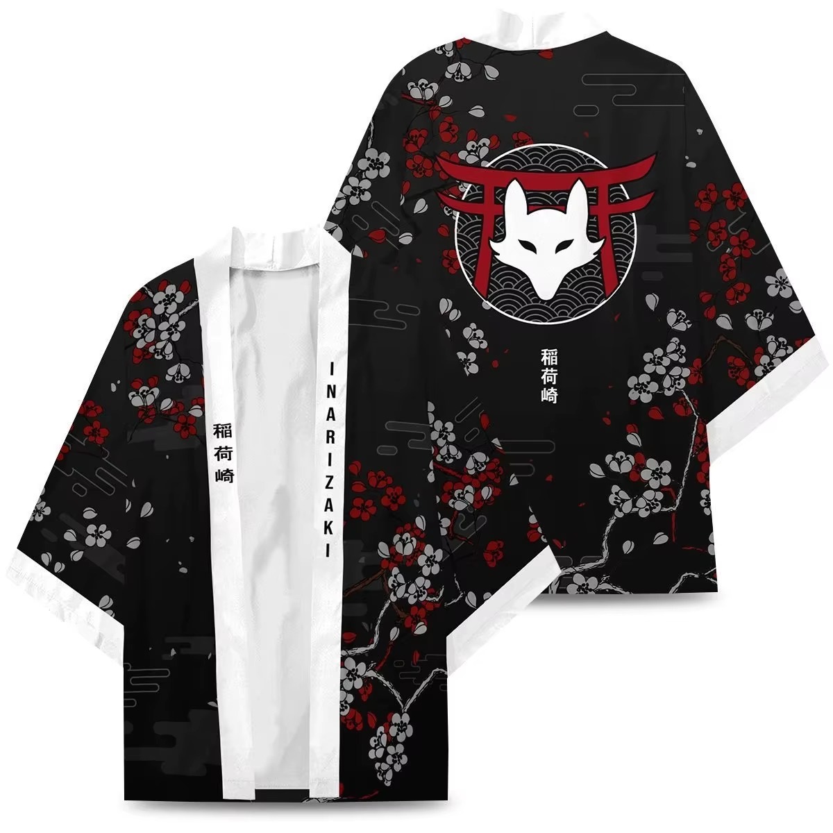 Anime White Fox Mask Black Red Unisex Kimono