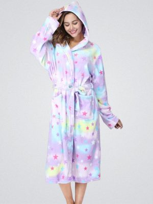 Fleece Bathrobe with Star Pattern and Hood