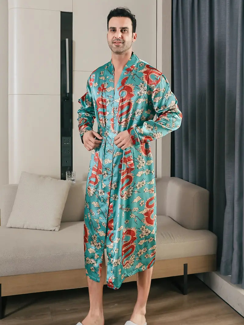 Luxury Turquoise Dragon-Patterned Bathrobe