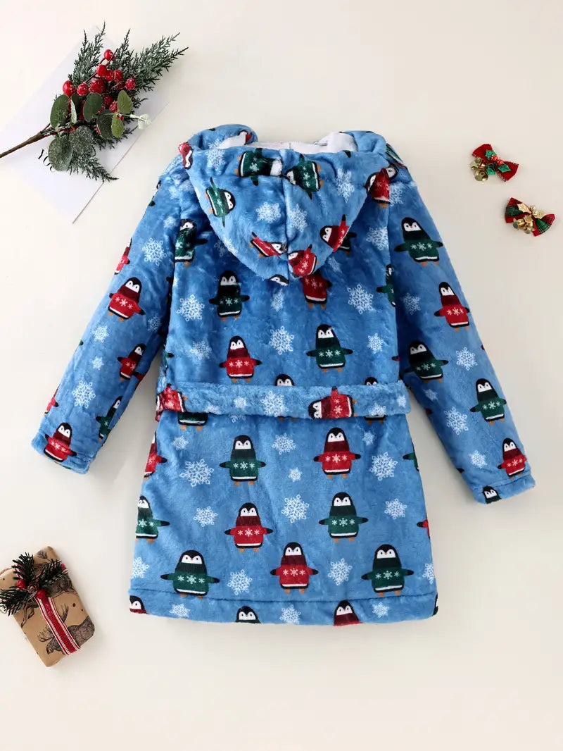 Children's Fleece Bathrobe with Penguin Print