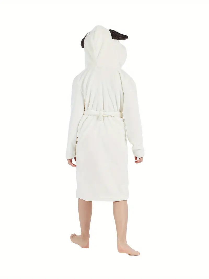 White Fleece Bathrobe for Kids with Animal Pattern