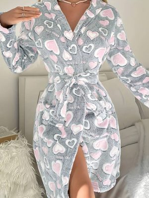 Plus-Size Heart-Print Fleece Robe