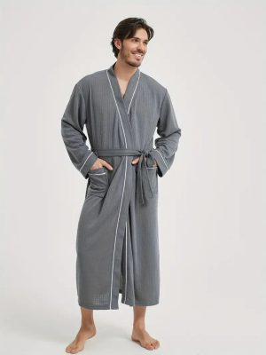 Grey Waffle-Weave Bathrobe