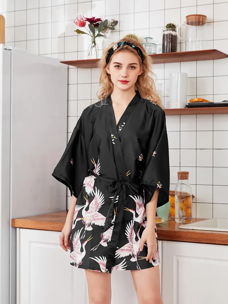 Peignoir Élégante Kimono avec Imprimé Grue - Image 3