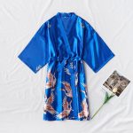 Women's Blue Satin Robe with Bird Print