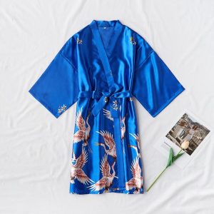 Women's Blue Satin Robe with Bird Print