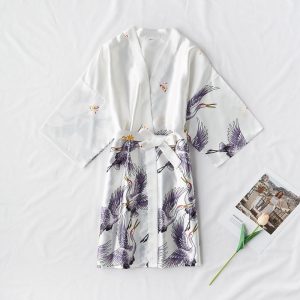 Women's White Satin Robe with Bird Print