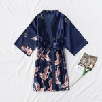 Women's Navy Blue Satin Robe with Bird Print