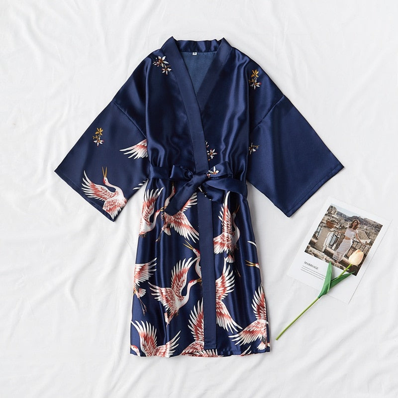 Women's Navy Blue Satin Robe with Bird Print