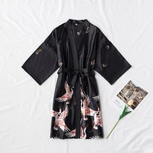 Satin robe with bird print