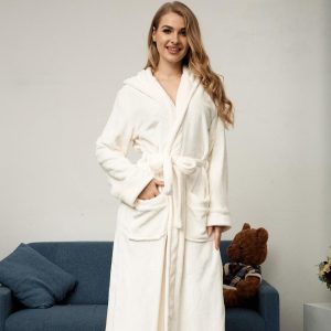 Women's White Hooded Bathrobe