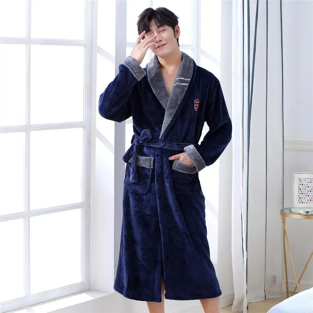 Men's Blue and Grey Fleece Bathrobe - Image 2