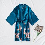 Women's Sky Blue Satin Robe with Bird Print