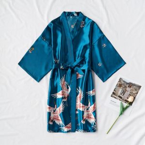 Women's Sky Blue Satin Robe with Bird Print