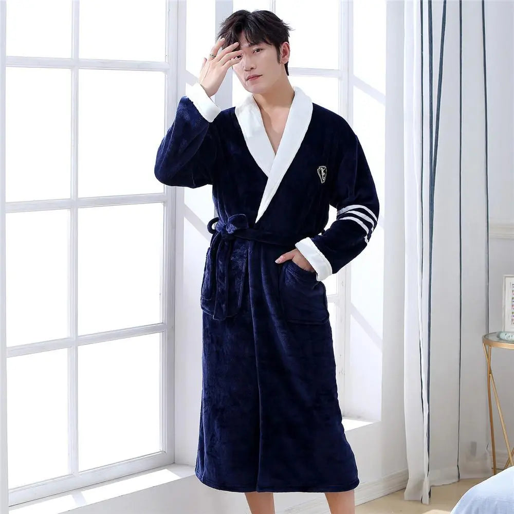 Men's Navy Blue Fleece Robe - Image 2