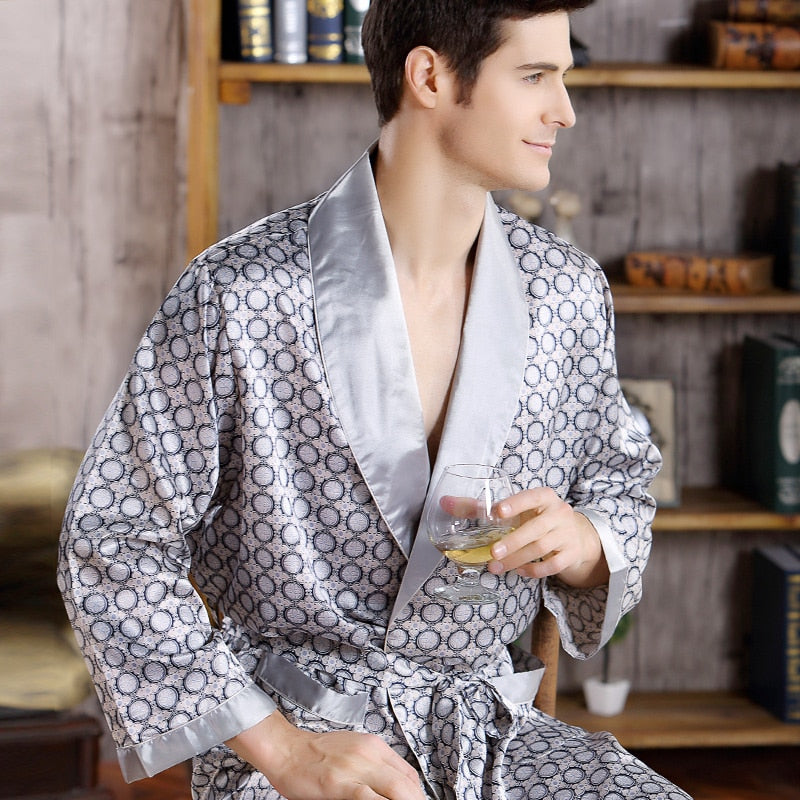 Men's Silver Satin Robe with Pattern