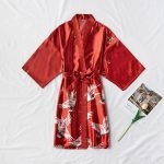 Women's Red Satin Robe with Bird Patterns