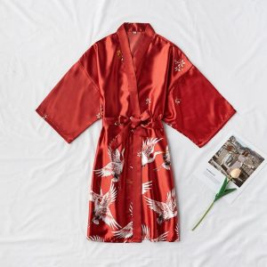 Women's Red Satin Robe with Bird Patterns