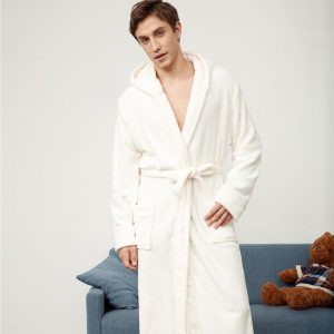 Men's White Hooded Bathrobe